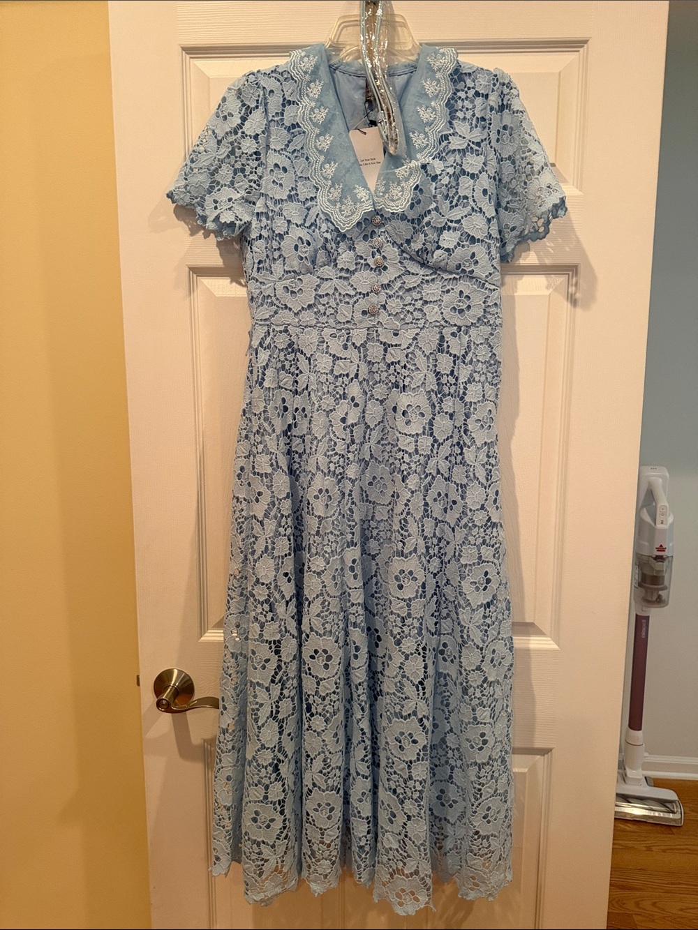 Light Blue Lace Midi Dress with Scalloped Collar